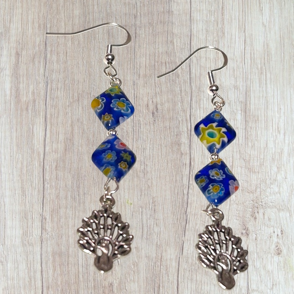 Hand Crafted Peacock Earrings Flowers Floral Long Dangle Pierced Hypoallergenic